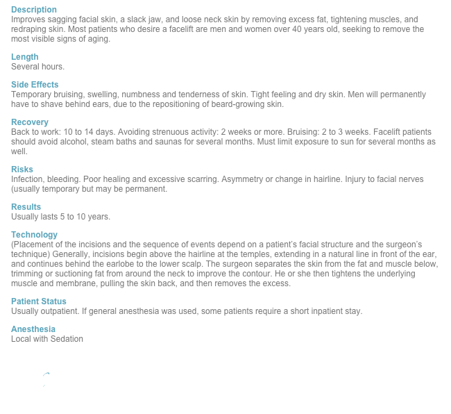 Description Improves sagging facial skin, a slack jaw, and loose neck skin by removing excess fat, tightening muscles, and redraping skin. Most patients who desire a facelift are men and women over 40 years old, seeking to remove the most visible signs of aging.
Length Several hours.
Side Effects Temporary bruising, swelling, numbness and tenderness of skin. Tight feeling and dry skin. Men will permanently have to shave behind ears, due to the repositioning of beard-growing skin.
Recovery Back to work: 10 to 14 days. Avoiding strenuous activity: 2 weeks or more. Bruising: 2 to 3 weeks. Facelift patients should avoid alcohol, steam baths and saunas for several months. Must limit exposure to sun for several months as well.
Risks Infection, bleeding. Poor healing and excessive scarring. Asymmetry or change in hairline. Injury to facial nerves (usually temporary but may be permanent.
Results Usually lasts 5 to 10 years.
Technology (Placement of the incisions and the sequence of events depend on a patient’s facial structure and the surgeon’s technique) Generally, incisions begin above the hairline at the temples, extending in a natural line in front of the ear, and continues behind the earlobe to the lower scalp. The surgeon separates the skin from the fat and muscle below, trimming or suctioning fat from around the neck to improve the contour. He or she then tightens the underlying muscle and membrane, pulling the skin back, and then removes the excess.
Patient Status Usually outpatient. If general anesthesia was used, some patients require a short inpatient stay. 
Anesthesia Local with Sedation

Back