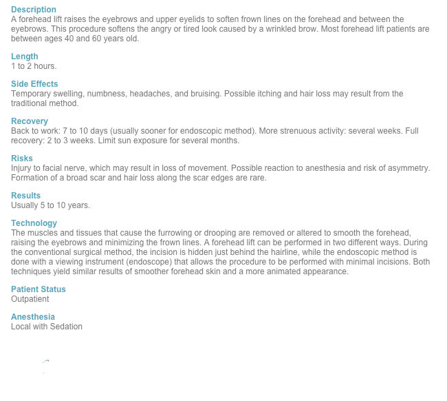 Description A forehead lift raises the eyebrows and upper eyelids to soften frown lines on the forehead and between the eyebrows. This procedure softens the angry or tired look caused by a wrinkled brow. Most forehead lift patients are between ages 40 and 60 years old.
Length 1 to 2 hours.
Side Effects Temporary swelling, numbness, headaches, and bruising. Possible itching and hair loss may result from the traditional method.
Recovery Back to work: 7 to 10 days (usually sooner for endoscopic method). More strenuous activity: several weeks. Full recovery: 2 to 3 weeks. Limit sun exposure for several months.
Risks Injury to facial nerve, which may result in loss of movement. Possible reaction to anesthesia and risk of asymmetry. Formation of a broad scar and hair loss along the scar edges are rare.
Results Usually 5 to 10 years.
Technology The muscles and tissues that cause the furrowing or drooping are removed or altered to smooth the forehead, raising the eyebrows and minimizing the frown lines. A forehead lift can be performed in two different ways. During the conventional surgical method, the incision is hidden just behind the hairline, while the endoscopic method is done with a viewing instrument (endoscope) that allows the procedure to be performed with minimal incisions. Both techniques yield similar results of smoother forehead skin and a more animated appearance.
Patient Status Outpatient
Anesthesia Local with Sedation

Back